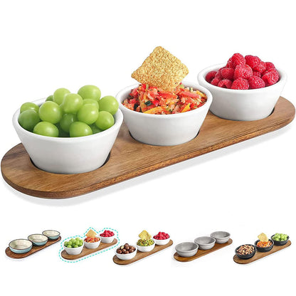Artena 6oz Turquoise Solid Ceramic Chips and Dip Serving Platter with Acacia Wooden Tray, 4.5inch Glazing Small Serving Bowls/Dipping Dishes for Condiments,Side Dishes, Dipping, Pre, Dessert, Salsa