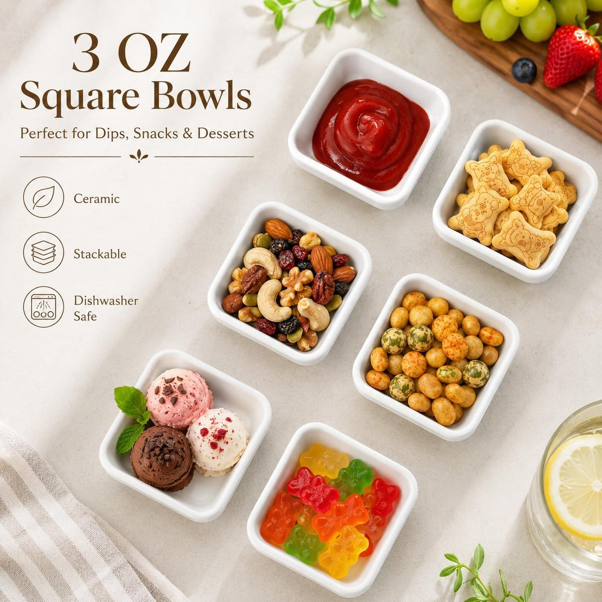 3 OZ Square Dip Bowls Set of 6, White Ceramic Dipping Sauce Dishes