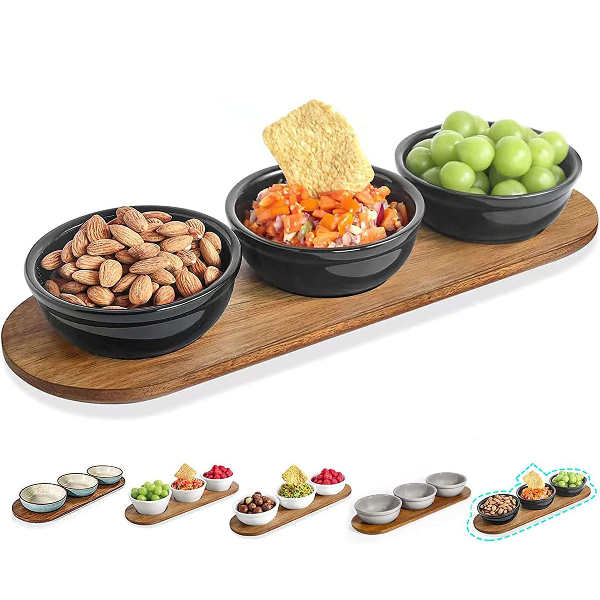 Artena 6oz Turquoise Solid Ceramic Chips and Dip Serving Platter with Acacia Wooden Tray, 4.5inch Glazing Small Serving Bowls/Dipping Dishes for Condiments,Side Dishes, Dipping, Pre, Dessert, Salsa