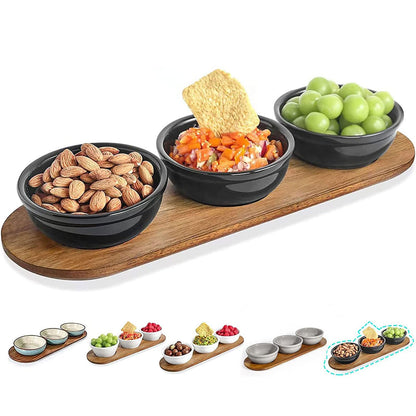 Artena 6oz Turquoise Solid Ceramic Chips and Dip Serving Platter with Acacia Wooden Tray, 4.5inch Glazing Small Serving Bowls/Dipping Dishes for Condiments,Side Dishes, Dipping, Pre, Dessert, Salsa
