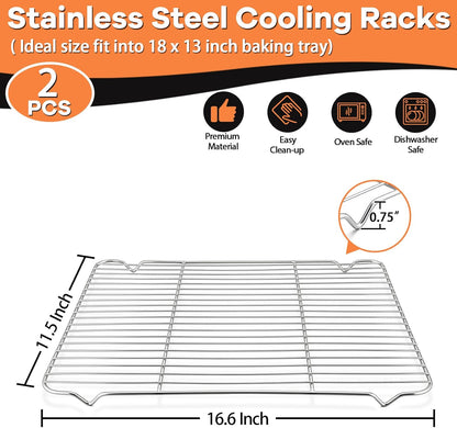 P&P CHEF Cooling Baking Rack Stainless Steel, 16.6" x 11.5", 2 Pcs, Silver