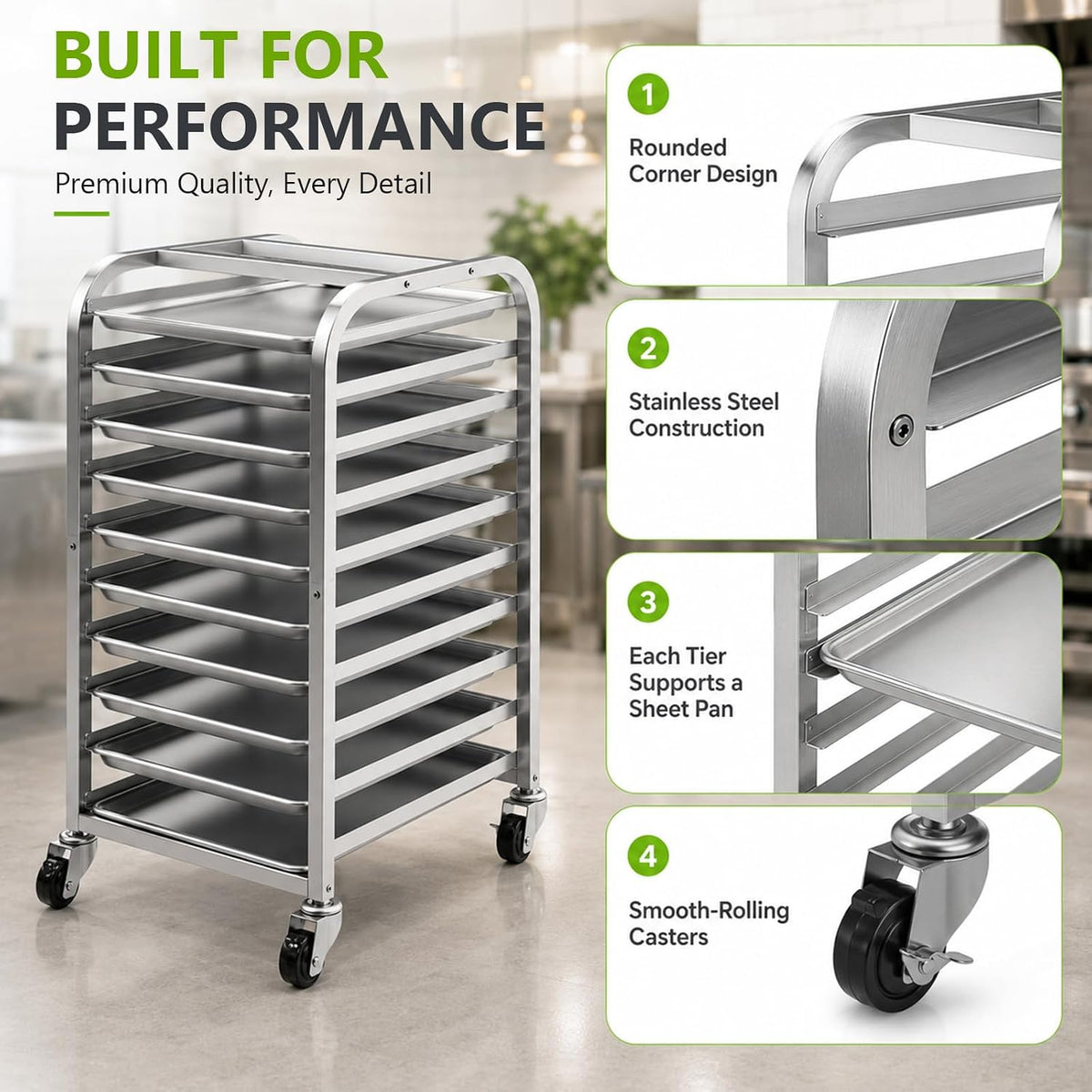 10-Tier Sheet Pan Rack with Wheels for Home Bakery Rolling Cart Fits 1/2 & 1/4 Sheet Pans, Commercial Grade Bread Cooling & Dough Proofing Rack for Bakers, Candle & Soap Makers