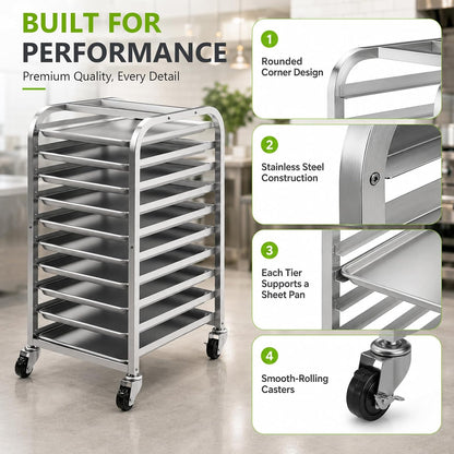 10-Tier Sheet Pan Rack with Wheels for Home Bakery Rolling Cart Fits 1/2 & 1/4 Sheet Pans, Commercial Grade Bread Cooling & Dough Proofing Rack for Bakers, Candle & Soap Makers