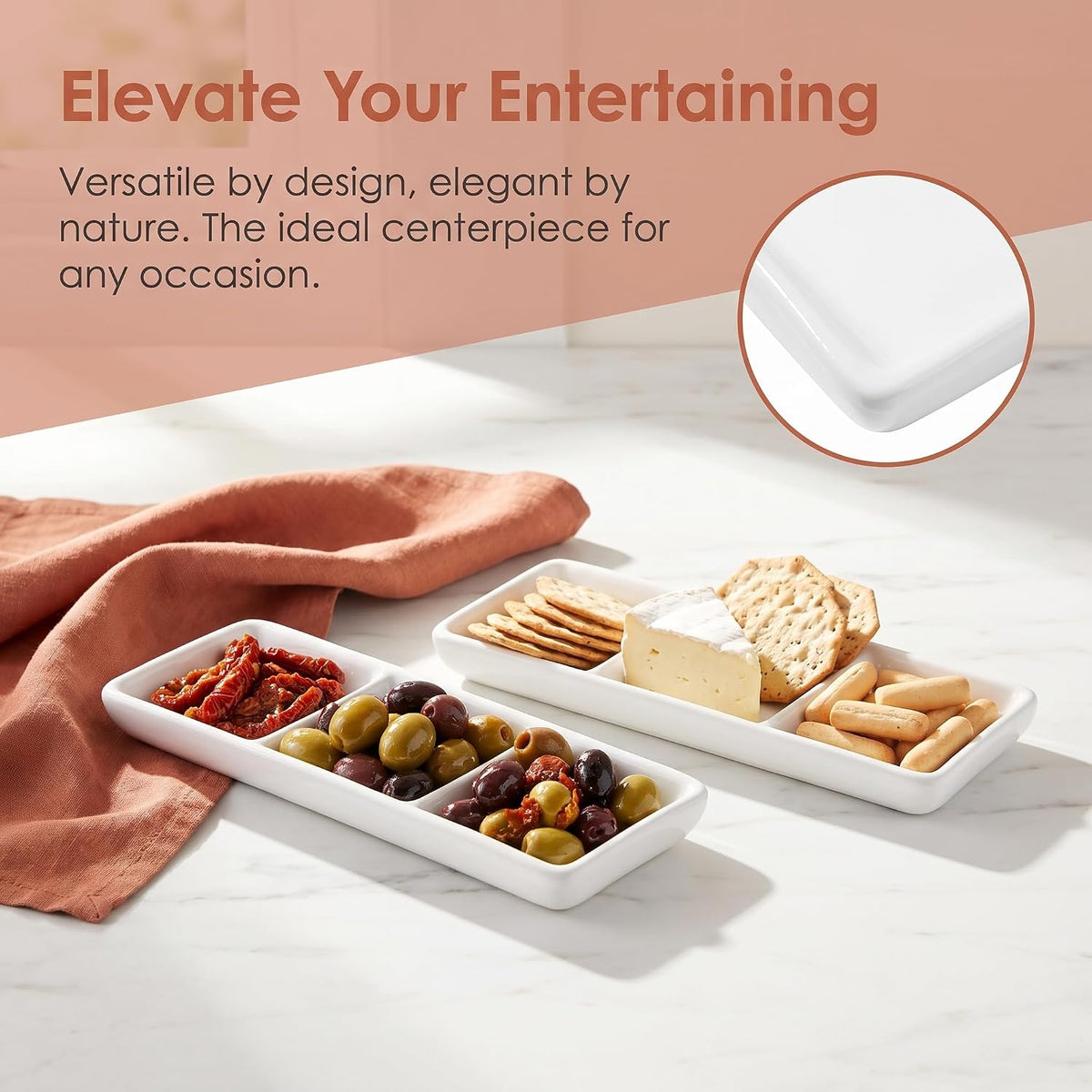DOITOOL 2Pcs Ceramic Serving Platters, 3 Compartment Appetizer Serving Trays Snack Dishes, White Rectangular Divided Sauce Dishes for Home Restaurant Kitchen