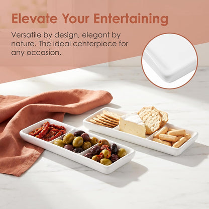 DOITOOL 2Pcs Ceramic Serving Platters, 3 Compartment Appetizer Serving Trays Snack Dishes, White Rectangular Divided Sauce Dishes for Home Restaurant Kitchen