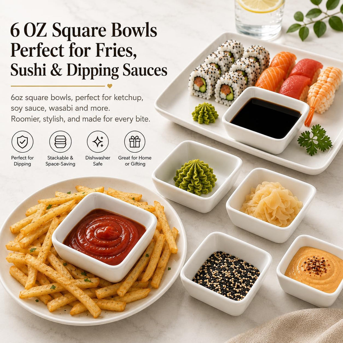 Ceramic Sauce Dipping Bowls, 6 OZ Small Square Ramekins, Set of 6