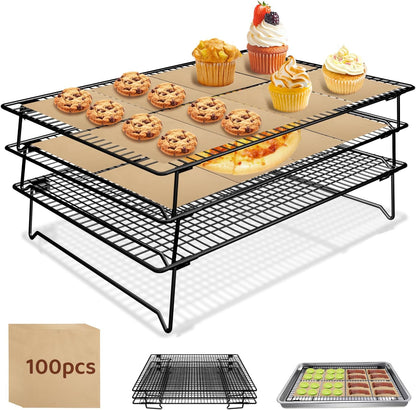 3 Tier 17" x 11" Cooling Rack for Cooking and Baking w/100 Papers