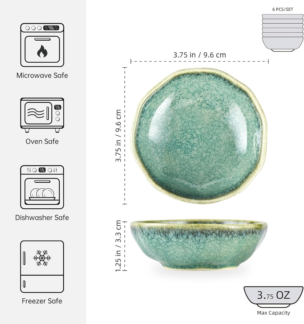Dipping Bowls Set of 6, 3 oz Ceramic Soy Sauce & Condiment Dishes