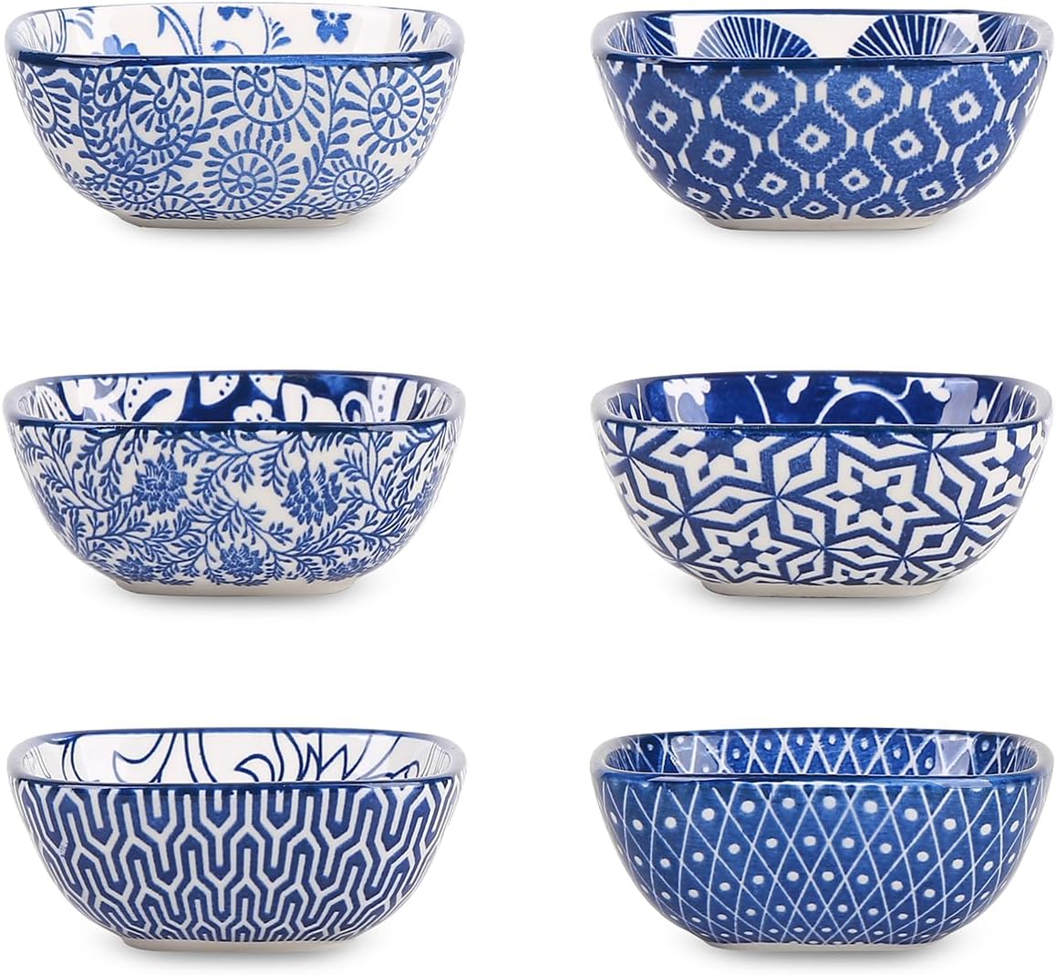Selamica Ceramic 2.6 OZ Square Dipping Bowl Set, Set of 6, Vintage Blue