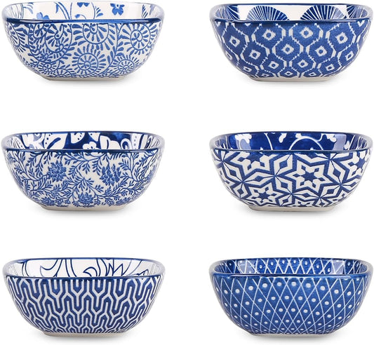 Selamica Ceramic 2.6 OZ Square Dipping Bowl Set, Set of 6, Vintage Blue