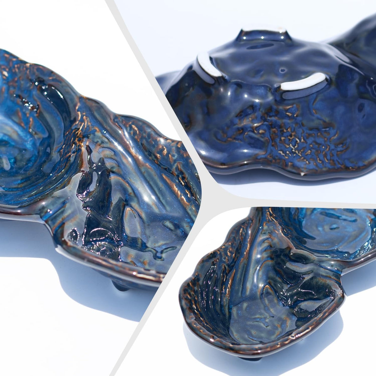 11-Inch Ceramic Divided Serving Bowl, 2-Compartment Appetizer Dish Blue