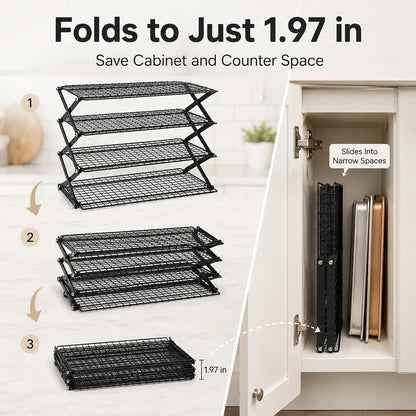 4-Tier Collapsible Cooling Rack with Adjustable 3 Setting Design Stackable Drying Wire Cooling Rack for Cooking and Baking, Roasting ＆ Grilling Gifts for Picnic Party, 2/3/4-Tier Upgraded