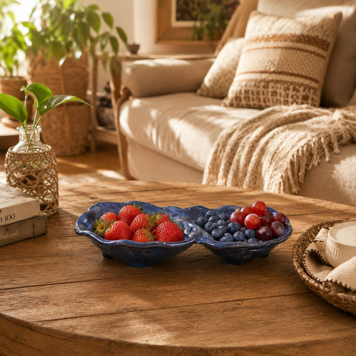 11-Inch Ceramic Divided Serving Bowl, 2-Compartment Appetizer Dish Blue