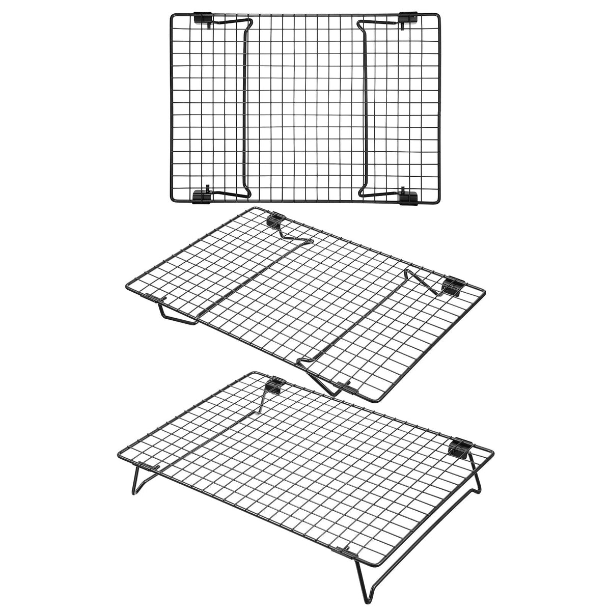 Kifmurase 3PCS Stackable Cooling Rack for Baking, 13.3 x 9.3 Inch Carbon Steel Wire Rack with Folding Legs for Cookie Cake Pizza Jerky, Multi-Use Bread Oven Racks for Cooking Roasting Drying Grilling