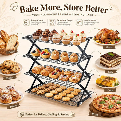 4 Tier Collapsible Cooling Rack, 3-Setting Adjustable Stackable Baking Rack, Foldable Metal Wire Cooling Stand for Cookies, Bread, Pastry, Outdoor Picnic Food Display, Baking Supplies