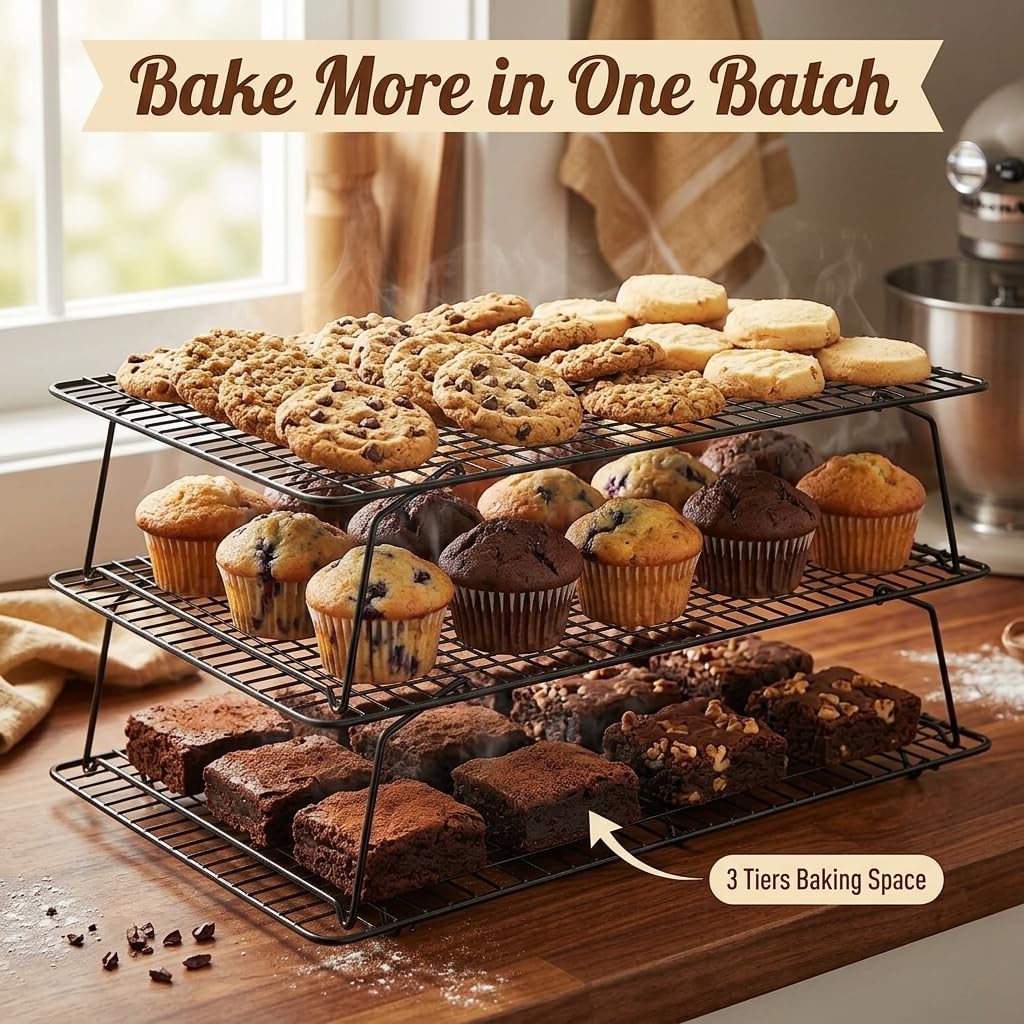Cooling Racks for Baking, 3-Tier Stackable Stainless Steel Wire Cooling Rack Set of 3 (10"x15") with 100 Paper, Oven Safe Heavy Duty Rust-Resistant Wire Rack for Cookie Sheet Roasting Grilling.