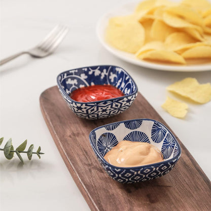 Selamica Ceramic 2.6 OZ Square Dipping Bowl Set, Set of 6, Vintage Blue