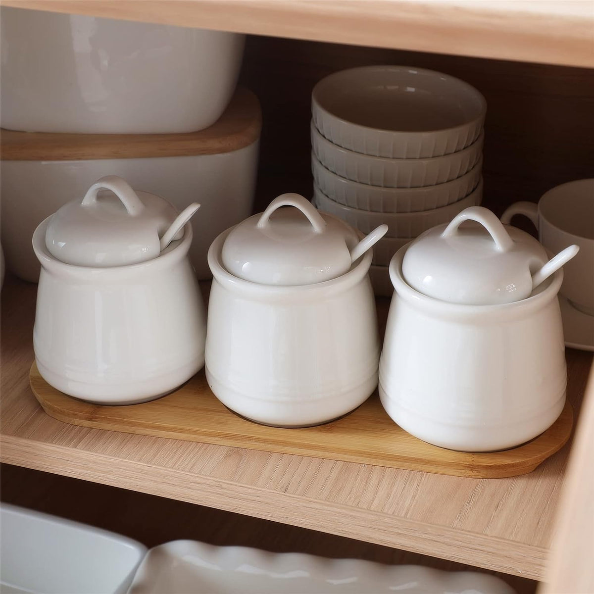 Porcelain Condiment Jar 3 Pack Set with Tray, 12 Ounces White