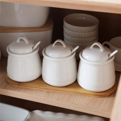 Porcelain Condiment Jar 3 Pack Set with Tray, 12 Ounces White
