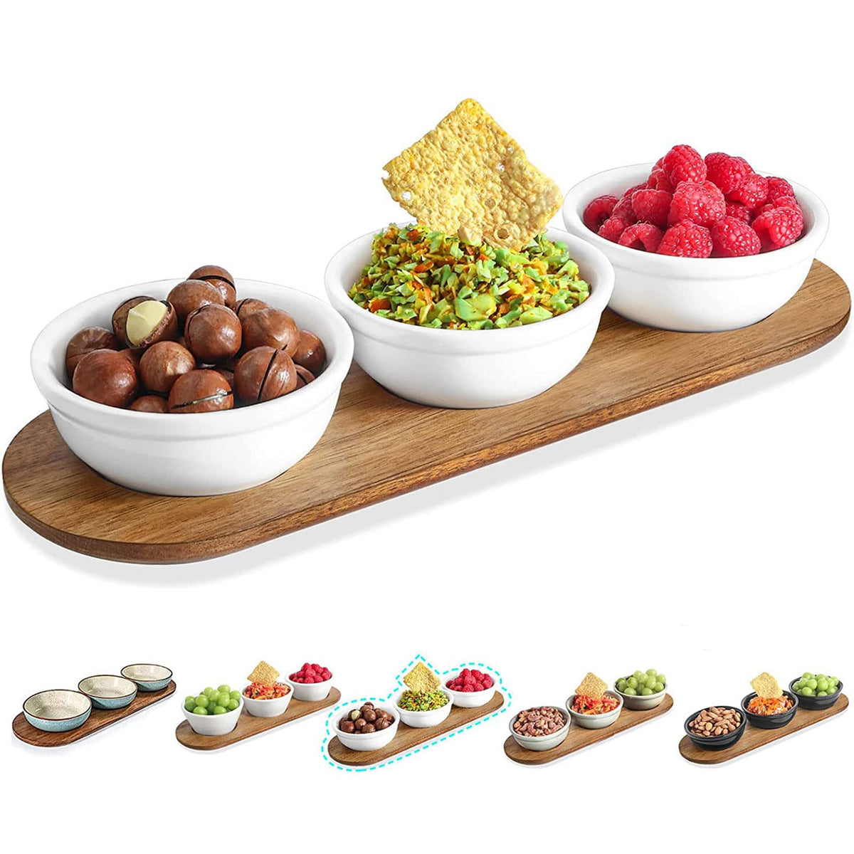 Artena 6oz Turquoise Solid Ceramic Chips and Dip Serving Platter with Acacia Wooden Tray, 4.5inch Glazing Small Serving Bowls/Dipping Dishes for Condiments,Side Dishes, Dipping, Pre, Dessert, Salsa