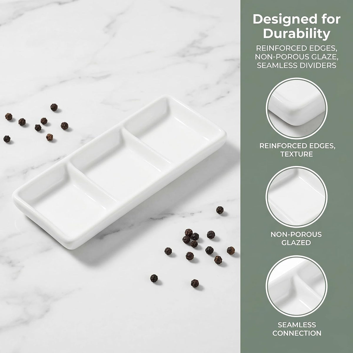Ceramic Divided Serving Tray 5.8 inch, 4 Pack 3 Compartment Appetizer Tray White Stackable Chip and Dip Serving Dish Condiment Server for Entertaining, Snack Food Dessert, Dishwasher Safe