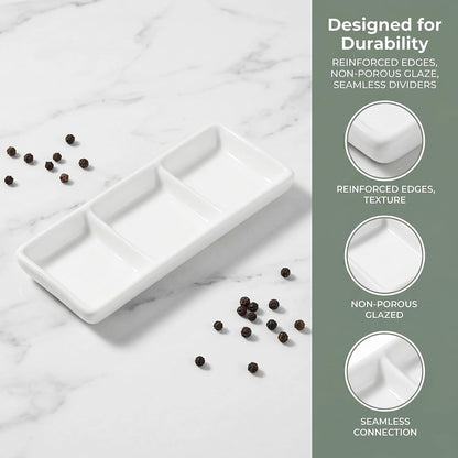 Ceramic Divided Serving Tray 5.8 inch, 4 Pack 3 Compartment Appetizer Tray White Stackable Chip and Dip Serving Dish Condiment Server for Entertaining, Snack Food Dessert, Dishwasher Safe
