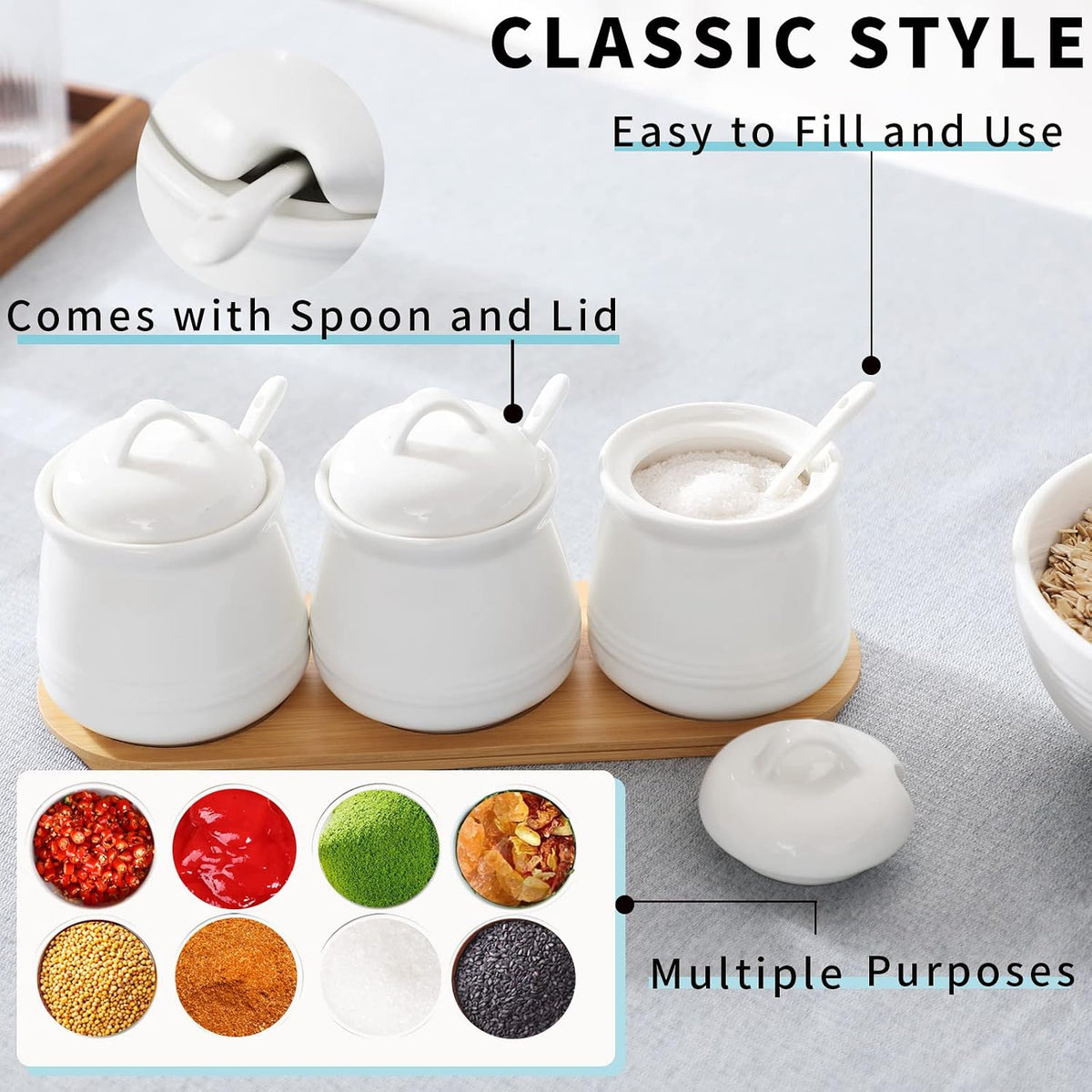 Porcelain Condiment Jar 3 Pack Set with Tray, 12 Ounces White