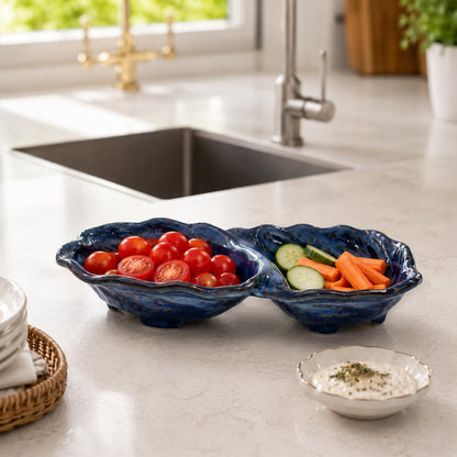 11-Inch Ceramic Divided Serving Bowl, 2-Compartment Appetizer Dish Blue