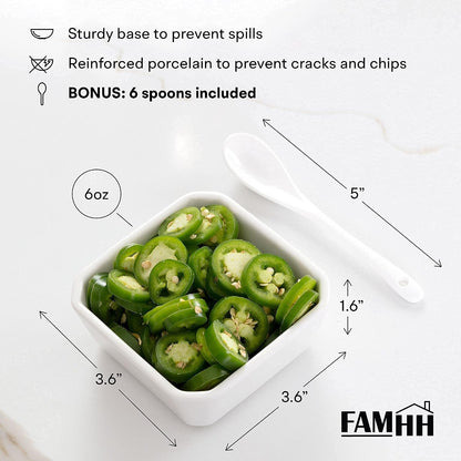 6 Oz White Porcelain Serving Bowls Set – 6 Small Bowls and 6 Serving Spoons – Sturdy, Oven- and Dishwasher-Safe Ceramic Condiment Cups for Sauces, Desserts and Appetizers