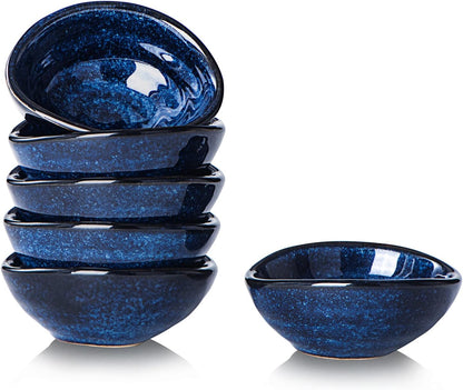 vicrays Ceramic Dipping Sauce Bowls – Small Charcuterie Dip Cups Cooking Prep Condiment Oil Dish Mini Tapas Plates for Soy Sushi Salsas Wasabi Appetizer Dessert - Set of 6 Blue