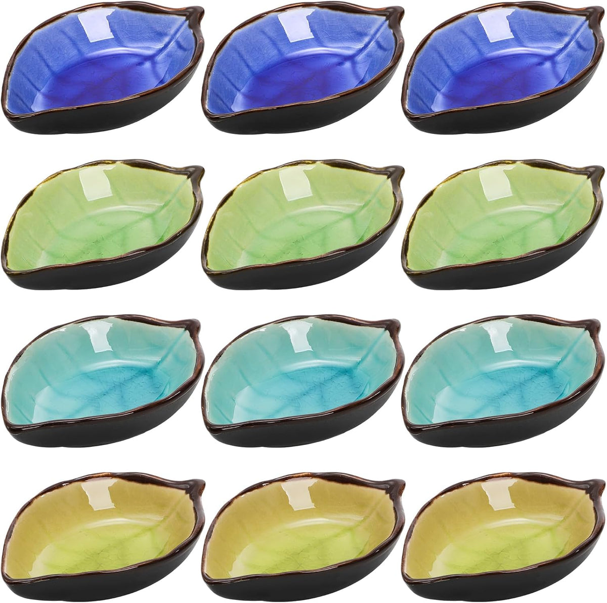 Jucoan 12 Pack Ceramic Soy Sauce Dish, 4 Inch 2 Oz Leaf Shape Small Sauce Dishes for Sushi, Gyoza, Dumplings, Potstickers, Soy Sauce, Vinegar, Wasabi, Oil, Japanese Style Soy Dipping Bowls Set