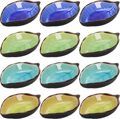 Jucoan 12 Pack Ceramic Soy Sauce Dish, 4 Inch 2 Oz Leaf Shape Small Sauce Dishes for Sushi, Gyoza, Dumplings, Potstickers, Soy Sauce, Vinegar, Wasabi, Oil, Japanese Style Soy Dipping Bowls Set
