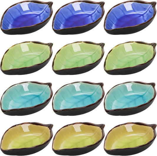 Jucoan 12 Pack Ceramic Soy Sauce Dish, 4 Inch 2 Oz Leaf Shape Small Sauce Dishes for Sushi, Gyoza, Dumplings, Potstickers, Soy Sauce, Vinegar, Wasabi, Oil, Japanese Style Soy Dipping Bowls Set