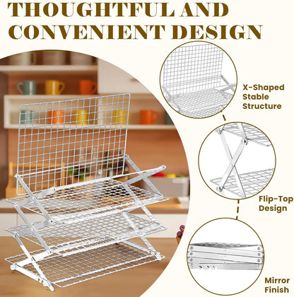 BEWOS 4 Tier Collapsible Cooling Rack - Adjustable Stainless Steel Baking Rack with Leak-Proof Mesh, X-Shaped Structure Cooling Rack for Cooking and Baking, Dishwasher Safe