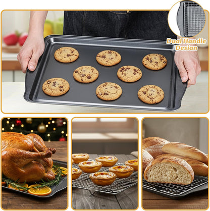Baking Sheet with Cooling Racks - 17'' x 11" x 0.5" Carbon Steel Cookie Sheets for Baking [2 Sheets + 2 Racks], Nonstick Baking Pans, Perfect for Baking, Roasting, and More