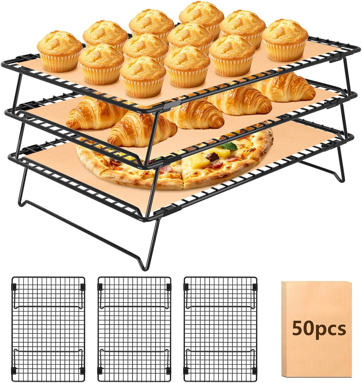13.4 * 9.4 IN 3-Tier Collapsible Cooling Rack with 50 Pcs Baking Papers