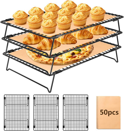 13.4 * 9.4 IN 3-Tier Collapsible Cooling Rack with 50 Pcs Baking Papers