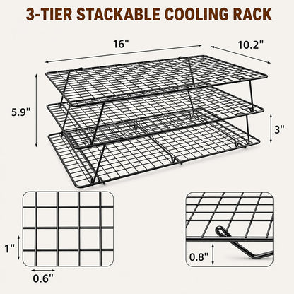 Cooling Rack 16"x10", 3-Tier Stackable & Collapsible Cooling Racks