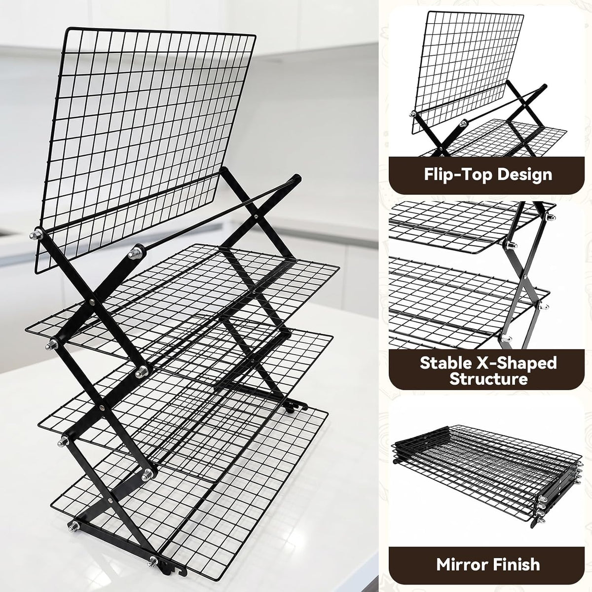 4 Tier Cooling Racks for Cooking and Baking, 15.5"x9.7", Black