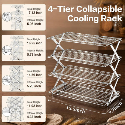 P&P CHEF 4 Tier Collapsible Cooling Racks,Stackable Bakers Rack,Silver
