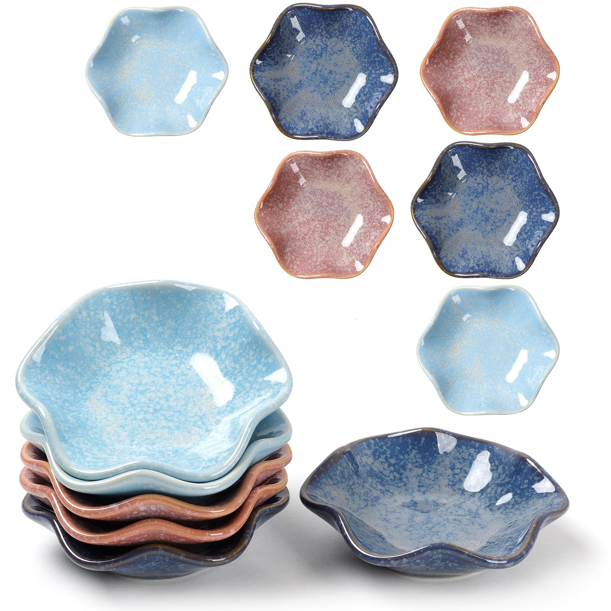 Ceramic Dipping Bowls Set of 8, 3 oz Sauce Cups, Chrysanthemum Round Small Side Dish for Sushi, Tomato, Soy Sauce, Condiment Finger Bowls