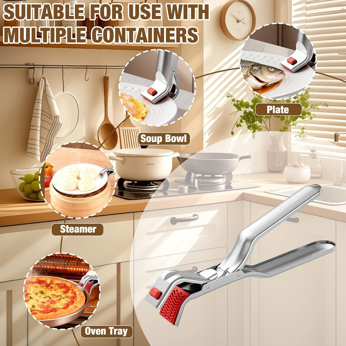 Stainless Steel Hot Plate Gripper Tongs, Anti-Scald Bowl Holder Clip with Silicone Tips for Microwave, Oven, Air Fryer - 4Pcs Multi-Function Anti-Slip Plate Gripper