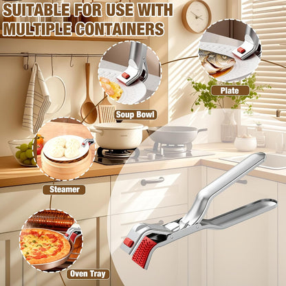 Stainless Steel Hot Plate Gripper Tongs, Anti-Scald Bowl Holder Clip with Silicone Tips for Microwave, Oven, Air Fryer - 4Pcs Multi-Function Anti-Slip Plate Gripper