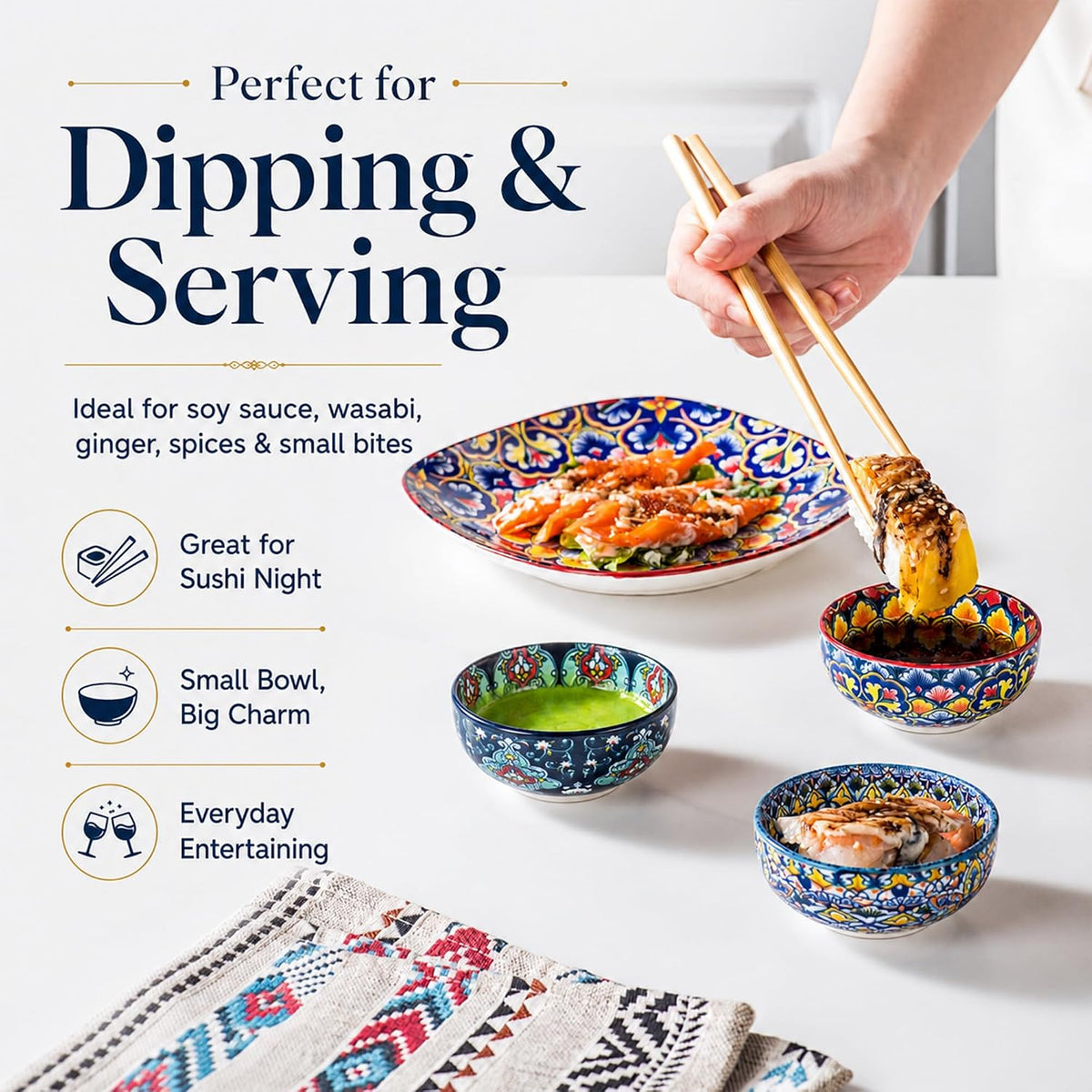 Ceramic Dipping Bowls Set of 6, 2.7 oz Boho Soy Sauce & Condiment Dishes