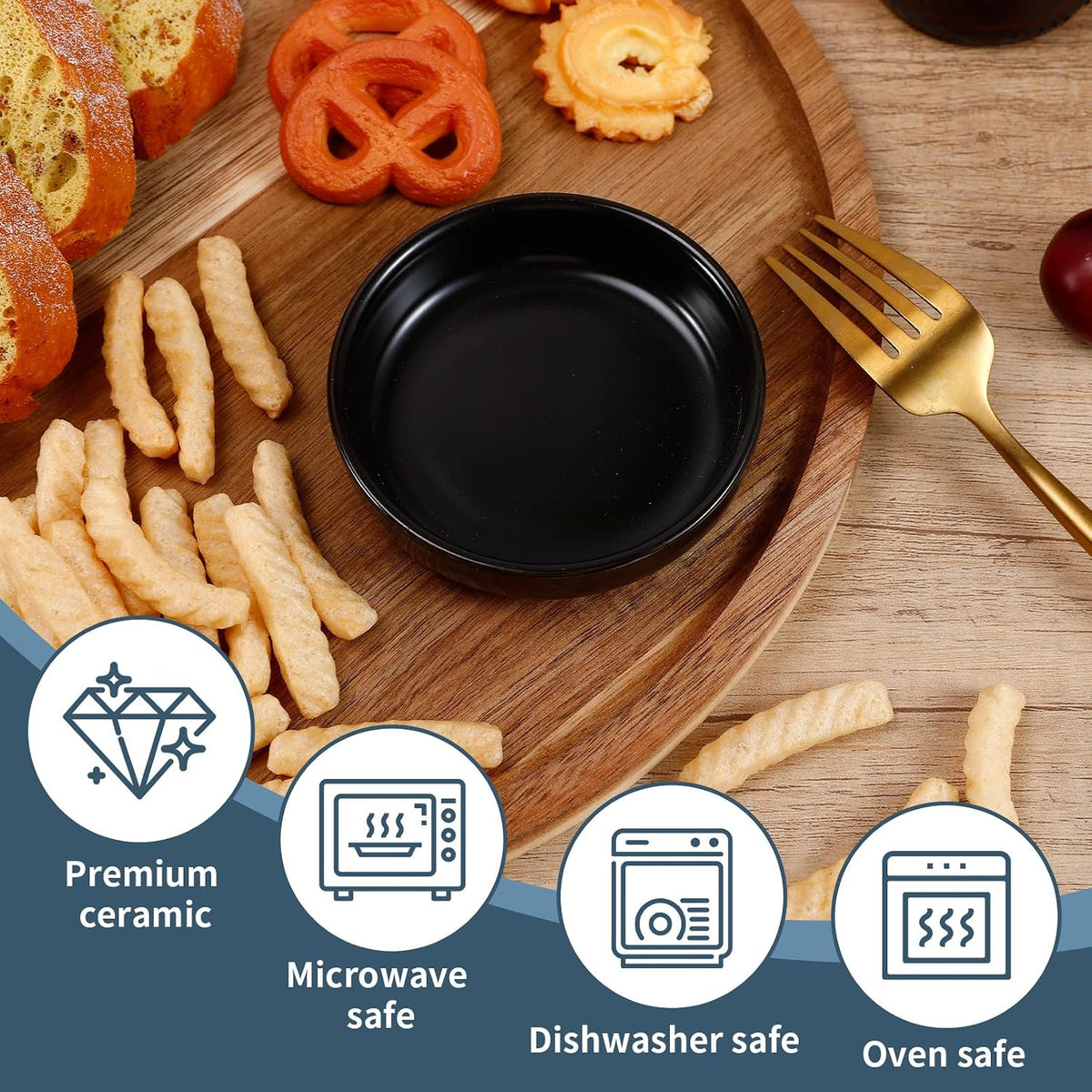 6 Pack 3.5 Inch Dipping Bowls Black Porcelain Ceramic