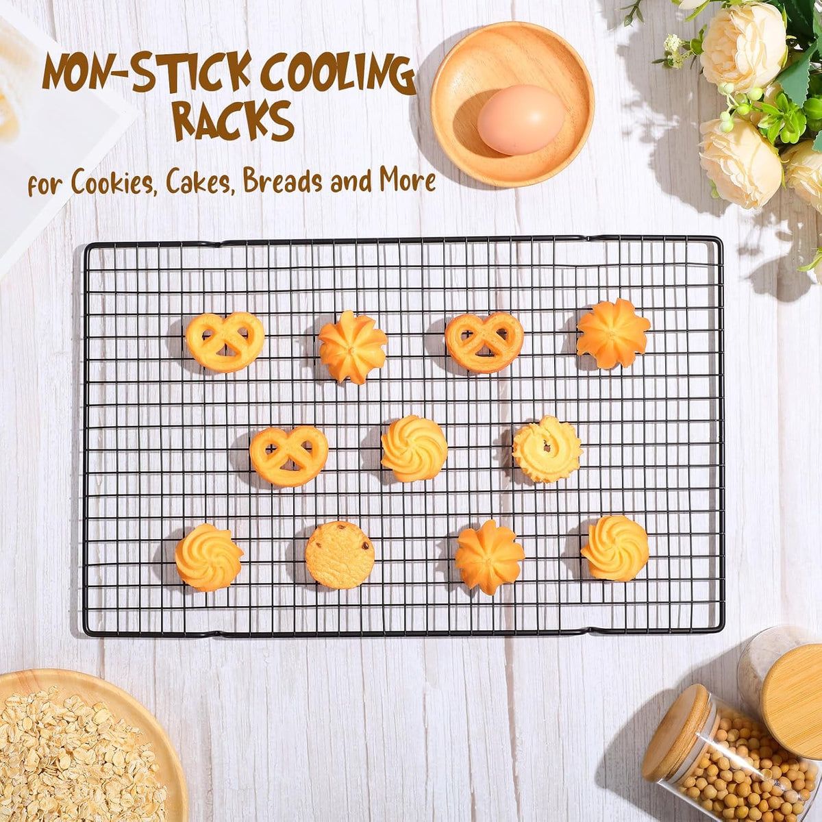 Harloon 12 Pack 16 x 9.8 Inches Nonstick Cooling Racks for Baking, Grid Wire Cookie Cooking Racks Oven Safe Carbon Steel Baking Rack Sheet Rack for Cookie Cake Grilling Drying Roasting (Black)