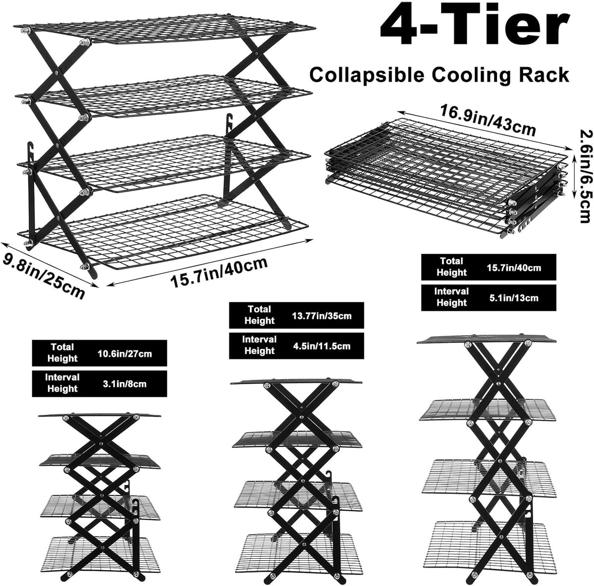 4 Tier Cooling Rack Adjustable Stackable Non-Stick Wire Rack Stainless Steel Baking Racks with Leak-Proof Mesh X-Shaped Structure for Roasting Cooking Cookies Cakes Drying Picnic Party