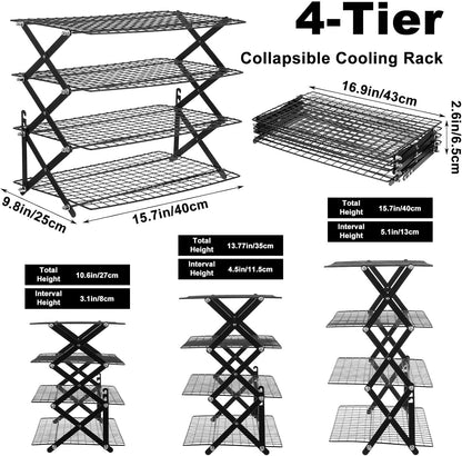 4 Tier Cooling Rack Adjustable Stackable Non-Stick Wire Rack Stainless Steel Baking Racks with Leak-Proof Mesh X-Shaped Structure for Roasting Cooking Cookies Cakes Drying Picnic Party