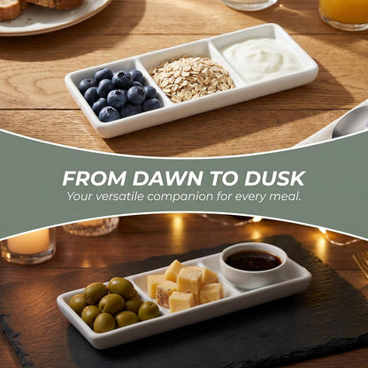 Ceramic Divided Serving Tray 5.8 inch, 4 Pack 3 Compartment Appetizer Tray White Stackable Chip and Dip Serving Dish Condiment Server for Entertaining, Snack Food Dessert, Dishwasher Safe