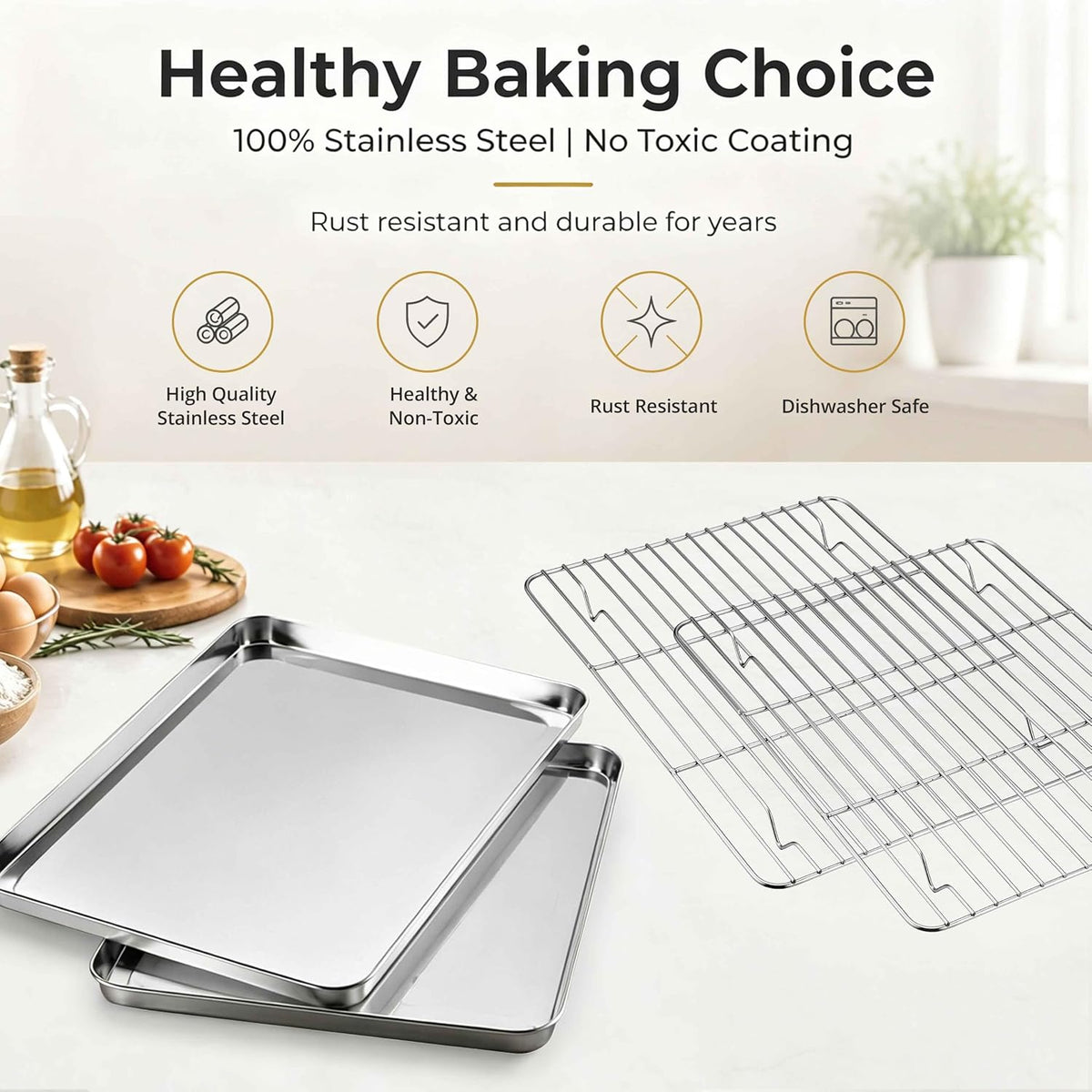 Onader 2 Pack 16x12 Inch Stainless Steel Baking Sheet and Wire Cooling Rack